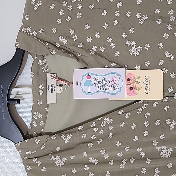 ENTRO‎ Women's Olive Green Short Sleeve Floral Mini Dress - Size L NEW WITH TAGS - Picture 2 of 11